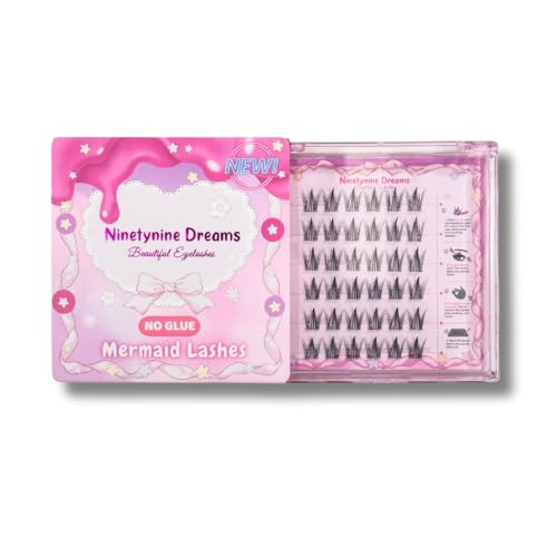 Ninetynine Dreams No Glue Mermaid Lashes Press On Reusable Individual False Eyelashes Clusters, Easy To Apply 9-13mm, Thin Transparent Self Adhesive Band Natural Eyelash