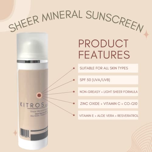 Kitros Sheer Mineral Sunscreen - Broad Spectrum Spf 50 - Zinc Oxide + Vitamin C + Co-Q10-1.9 Oz Facial Sunscreen - Hypoallergenic + Non-Comedogenic #TOP1
