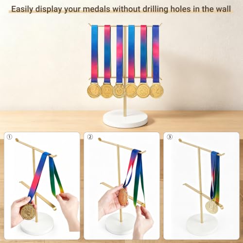Image of Mkono Medal Hanger Display, Metal Medal Holder, Race Award Medals Display Stand for Running, Sports, Marathon, Wrestling, Taekwondo, Wood and Iron Material, 12x16 Inches (Gold and white)