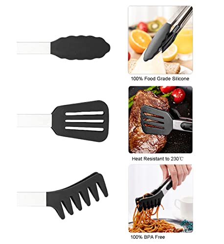 3In1 Silicone Kitchen Cooking Tongs Set, Stainless Steel Nonstick Food Tong With Bpa Free Silicone Tips For Serving Spaghetti Steak Pizza Salad Vegetable Fruit Grilling Bbq Baking Buffet- (9", Black) #TOP2
