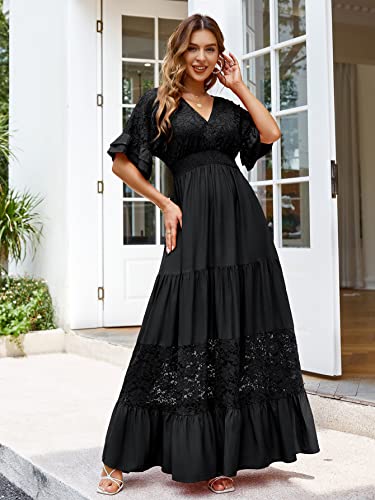 Simplee Women's Lace Short Sleeve Wrap Maxi Dress V Neck Floral Formal Dress(S Black) #TOP2