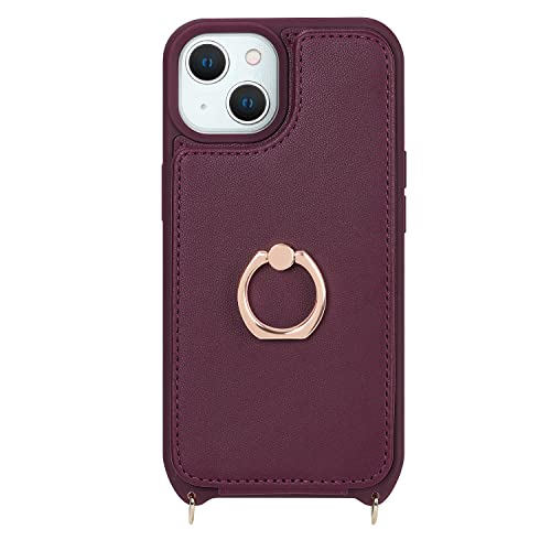 Image of for iPhone 14 Case with Card Holder and Strap for Women,Crossbody Lanyard,RFID Blocking,Stand Ring Kickstand,Snap Clasp,Phone Wallet Cases 6.1 inch(Wine Red)