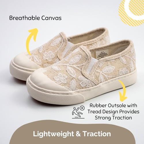 waddle wonder Loafer for Girls, Mary Jane Lace Princess Dress Shoes, Canvas Casual Slip On Sneaker, Beige Size 6-123