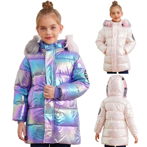 JanJean Kids Girls Metallic Fur Hooded Puffer Jacket Long Winter Warm Coat Casual Padded Outerwear with Pockets