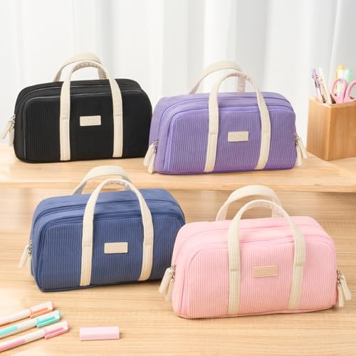 Image of Sooez Large Pencil Case Pouch, Extra Big Pencil Bag with 5 Compartments, Pen Case Wide Opening, Soft Corduroy Pen Bag Organizer with Zipper, Cute Aesthetic School Supplies for Teen Girls, Pink