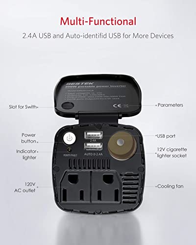 BESTEK-200W-Car-Power-Inverter-Car-Plug-Adapter-Outlet-Converter-with-2-AC-Outlets-Dual-45A-USB-Charging-Ports-Cup-Holder-Car-inverter-with-Cigarette-Lighter-Socket-for-Laptop-Computer-Cola-Red