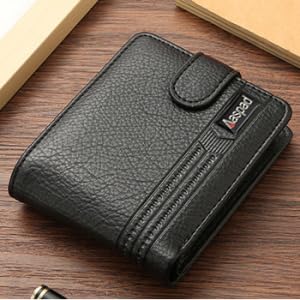 Wallet for Men Bifold Styles Fasten with Leather Belt Button Buckle Larger Capacity Multiple Card Slots with Coin Packet/Card Photo Holder Zipper wallets with ID Window(Black)2