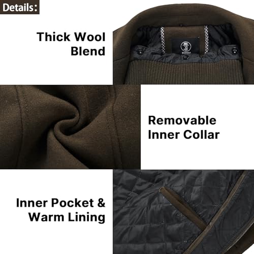 KUDORO Mens Wool Coats Short Winter Padded Trench Coat for Casual Business Outwear Thick Wool Blend Peacoat with Removable Inner Collar
