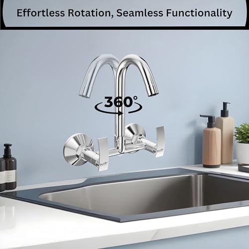 Image of Gloxy Premium Brass 2 in 1 Wall Mounted Sink Mixer with 360 Swivel Spout - Delight Lever Kitchen Sink Mixer With Chrome Finish - Hot & Cold Water Mixer for Bathroom & Kitchen Sink - 10 Years Warranty