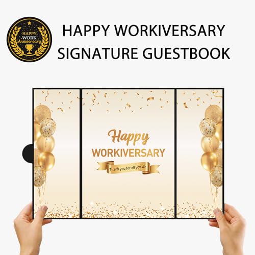 Image of DARUNAXY Black Gold Happy Workiversary Party Decorations, Happy Work Anniversary Alternative Signature Guest Book for Men Women Employee Business Gifts Signing Card Board for Office Supplies