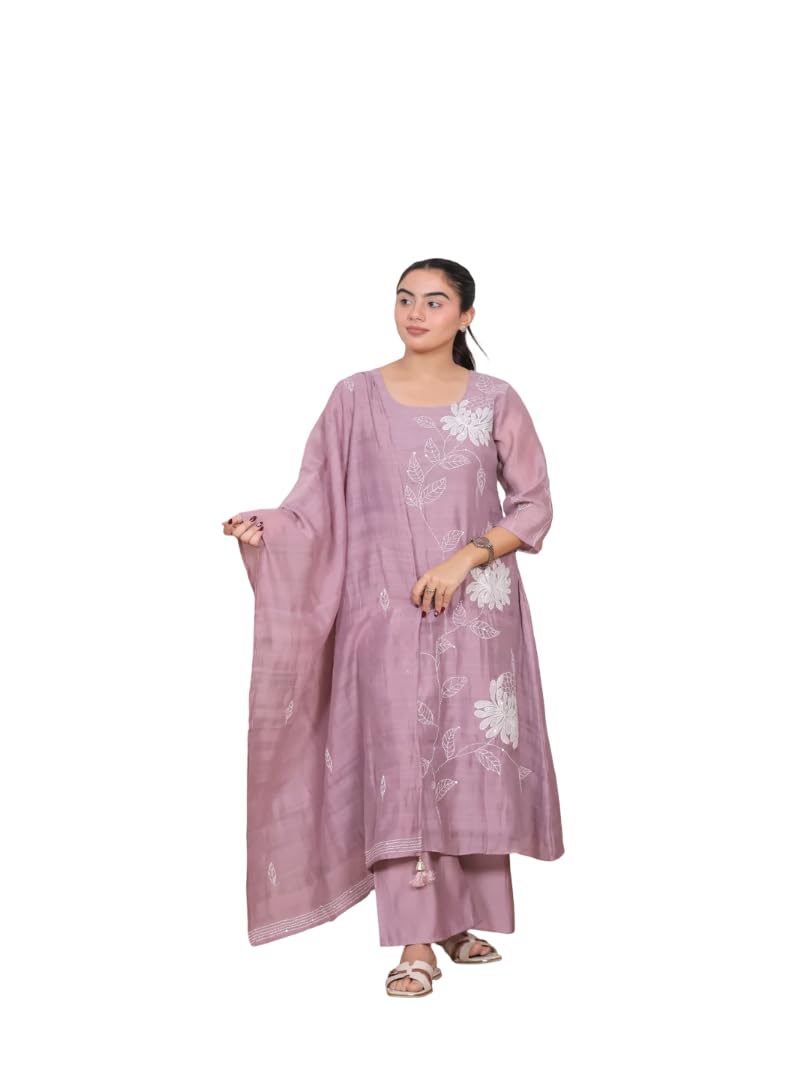 Dusky Bloom - Floral threadwork with sequin highlights Kurta with Plazzo Set-image-20