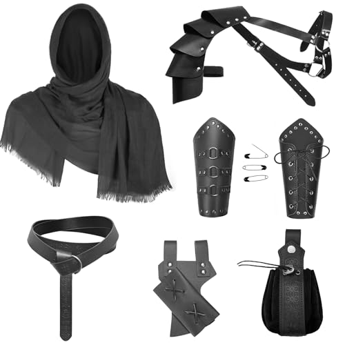 Medieval Knight Leather Men Renaissance Half Shoulder Cape Scarf Buckle Bracers Retro Sword Frog (Black)