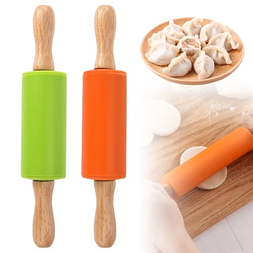 2 Pcs Rouleau à Pâtisserie Professionnel, Rouleau en Silicone pour Enfants, Non Toxique, Respectueux de l'environnement, Rouleau à Pâtisserie en Bois,...