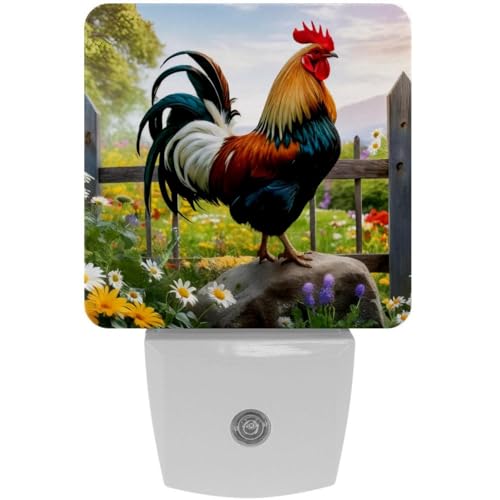 Night Lights Plug Into Wall 2 Pack, Farm Rooster Flower Night Light