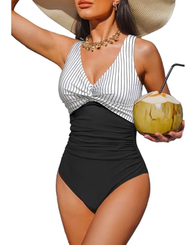 Holipick Black Striped Women Tummy Control One Piece Swimsuit - Push Up Bathing Suit Full Coverage...