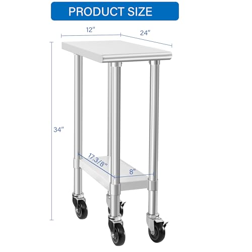 Image of HARDURA Stainless Steel Commercial Table Prep & Work Table with Casters Heavy Duty Metal Table with Wheels NSF 430 24x12 Inches