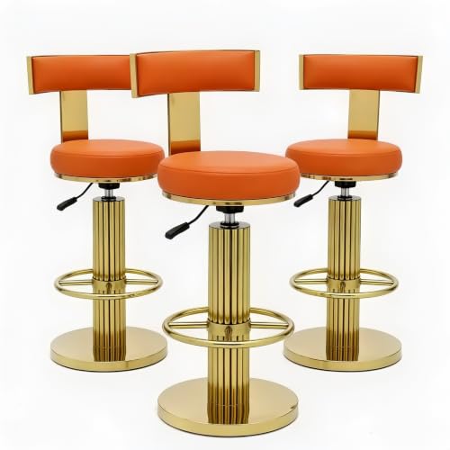 Image of Adjustable Swivel Bar Stools Set 3 Kitchen Counter Height Stools | 360 Swivel, 25.6 inch-29.5 inch Adjustable, Leather Thick Cushion, Stainless Steel Frame, 350 lbs Capacity, Gold