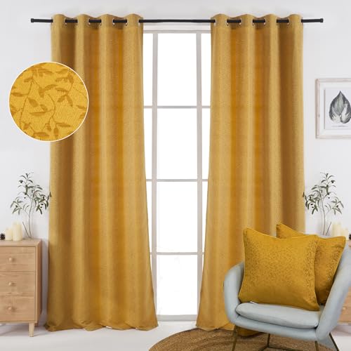 Viste tu hogar Pack 2 Cortinas Jacquard 150x260cm + 2 Cojines Cuadrados 43x43cm, Elegancia y Confort en Cada Detalle, Ideal para Decoración de Salón de Otoño y Invierno, Color Mostaza