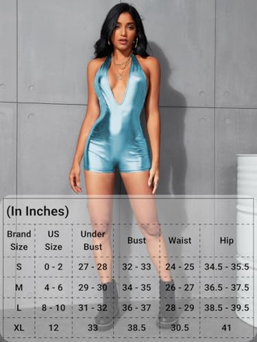 Image of EHSUYAB Sexy Metallic Bodycon Romper, Tie Halter, One Piece Backless Club Outfit