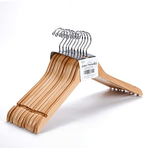 Amber Home EU Cintre en Bois Massif pour Chemise Robe et Robe de Mariage Cintre Couleur Naturelle Avec Crochet Chromé Lot de 10