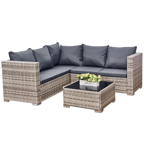 AOUXIN 5 Seater Rattan Garden Furniture Set, Rattan Corner Sofa Set Patio Sofa with Glass Table (Grey)