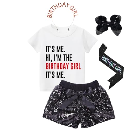 SUPSPIDERO Girls Birthday Outfits Its Me Hi Im The Birthday Girl Shirt Sequin Shorts Set with Headband & Sash 2-8 Years (4Years-5Years)