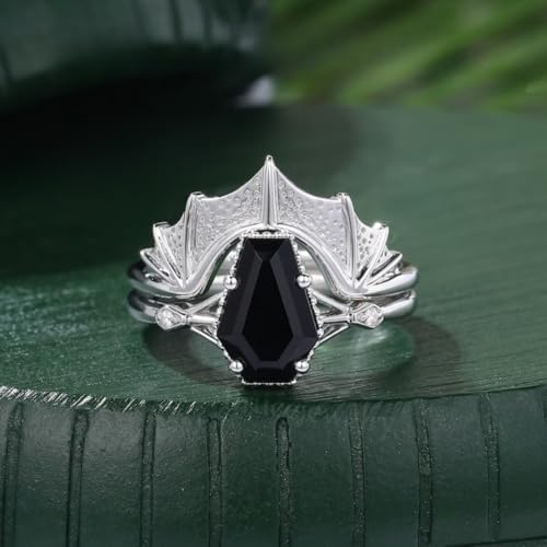 IVANKA Coffin Shaped Black Onyx Engagement Ring Set- Gothic Diamond Ring Set- Three Stone Ring Bat Bridal Set- Anniversary Ring- Handmade Jewelry2