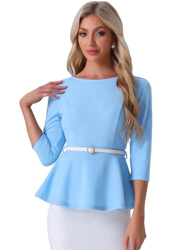 Haut péplum femme bleu ciel élégant chemisier de travail affaires manches 3/4 XS
