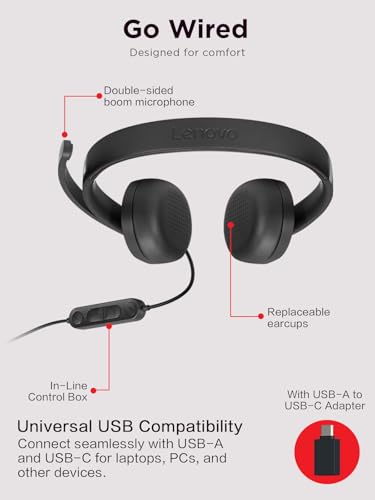 Image of Lenovo 115 USB-A /USB-C Wired Stereo Headset - Lightweight, Noise-Cancelling, in-Line Control Box, USB-A to USB-C Adapter, Over-Ear Design, Headset with Mic for PC and Laptop, Black