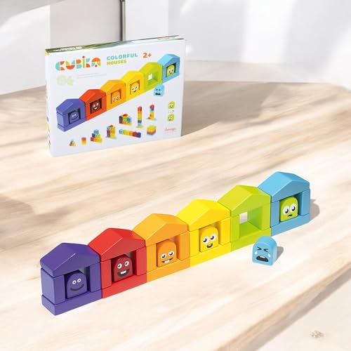 Image of CUBIKA Wooden Construction Set Colorful Houses - 24-Piece Construction Play Set with Emotion Characters for Toddlers 2+- Montessori Toy for Creativity, Cognitive Development, and Emotion Recognition