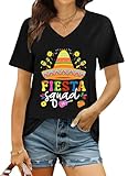 QAUN Cinco De Mayo Shirts for Women: Mexican V Neck Tshirt Let's Fiesta Tops Sombrero May 5th Tees(Black2, XX-Large)