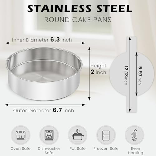 6 Inch Cake Pan - 3PCS Stainless Steel Smash Cake Baking Pans Tins with 100 PCS Parchment Paper, Round Bakeware for Party Birthday Wedding, Mirror Finish & Dishwasher Safe