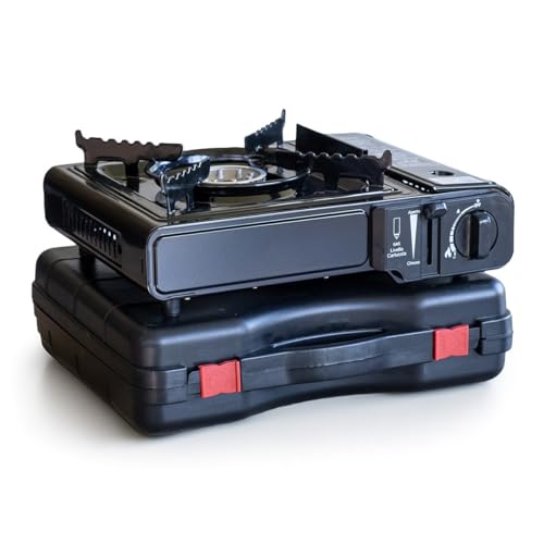 Intec - Hornillo de gas portátil de 2200 W, 1 fuego, encendido Piezo, maletín de transporte incluido, cartucho butano estándar, ideal para acampar y cocina al aire libre