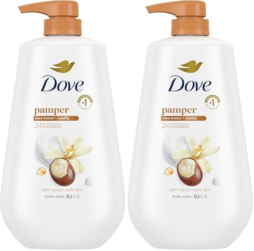 Dove Body Wash with Pump Pamper Shea Butter & Vanilla for 24hr Lotion-Soft Skin Moisturizing Skin Cleanser with No Sulfates No Parabens 30.6 oz (Pack of 2)