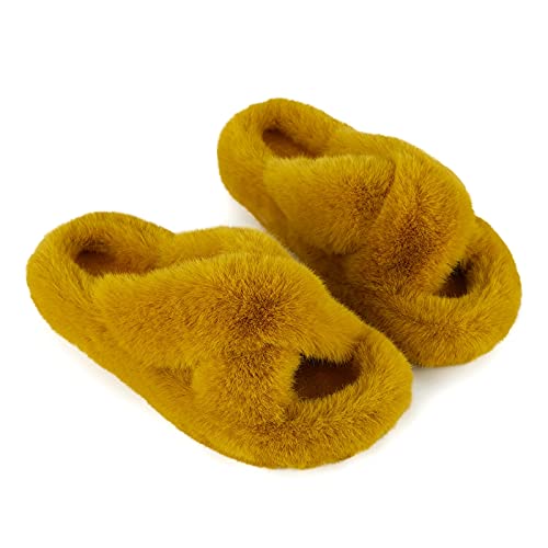 Womens House Slippers Cross Band Open Toe Soft Plush Fleece Bedroom Slippers Memory Foam Comfy Fuzzy Slip On Non-Slip Yellow Size 7.5