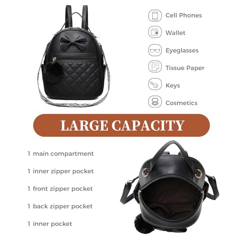 I IHAYNER Cute Little Backpack Purse with Bow Mini Backpack for Girls Teen Vegan Leather Pom Backpack Shoulder Bag for Women Black3