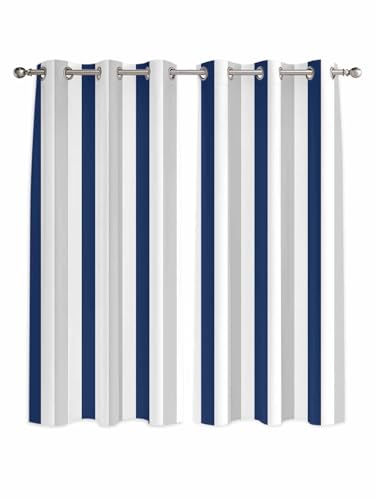 Navy Blue Stripe Window Curtains Panels with Silver Grommet,Geometric Grey White Vertical Striped Kitchen Cafe Curtain Draperies Window Treatment Set for Living Room/Bedroom/Bathroom/Cafe,84x84