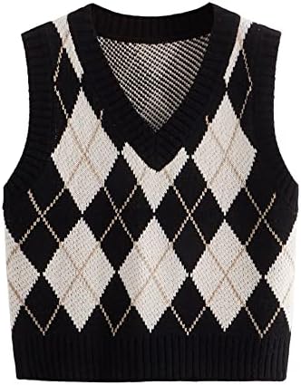 SweatyRocks Women's Plaid Geo Sleeveless V Neck Knit Crop Top Sweater Vest Black Beige L
