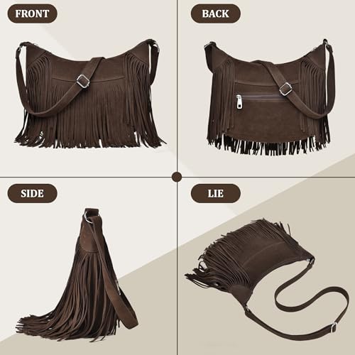 Image of Fringe Hobo Bags for Women Vintage Suede Crossbody Bag Hippie Western Cowgirl Purses Tassel Shoulder Bag