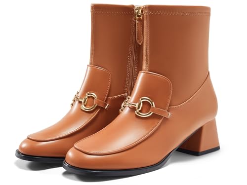 Womens Square Toe Ankle Boots Chunky Low Heel Metal Chain Side Zipper Dress Fall Booties Shoes