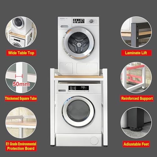 Fengshui Washer Dryer Stand Stacking Kit with Shelf, Height Adjustable Over Washer Storage Rack Unit for Front Loader Washing Machines & Tumble Dryers - 400KG Load Capacity (White Frame+Black)