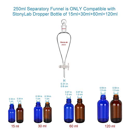 stonylab Glas Absperrhahn Scheidetrichter 250ml, Separatory Funnel in Borosilikatglas Schwerwandig Konisch Birnenform Labor Trichter Mit 24/29 Gelenk