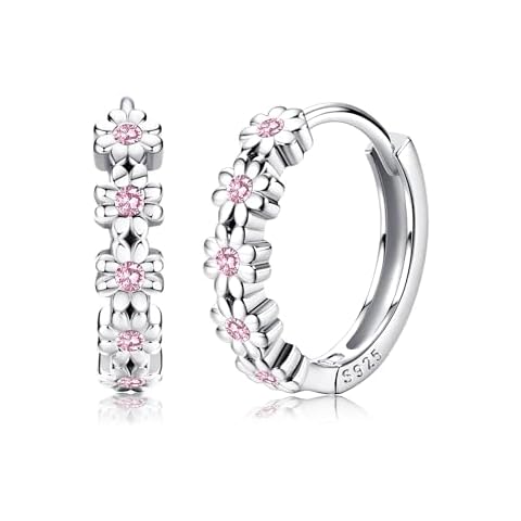 MILACOLATO 925 Sterling Silver Small Hoop Earrings for Women 14K White Gold Plated Daisy Huggie Hoop Earrings Pave Pink Cubic Zirconia Flower Hoop Earrings Hypoallergenic Earrings Cover
