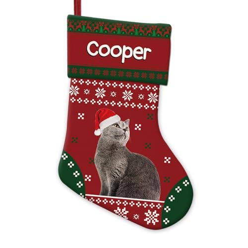 GABSHAIM Snowflake Russian Blue Cat Dog in Santa Hat Christmas Stockings Red Green Custom Xmas Hanging Stockings for Fireplace Holiday Party Decoration 14.4 Inch