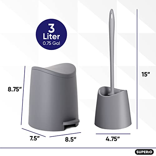 Image of Superio Small Plastic Bathroom Trash Can with Lid 3 Liter Modern Curved Step On Trash Can with Foot Pedal, Mini Kitchen Waste Bin, Durable and Soft Close for Bedroom, Office, Under Desk (Grey-Set)