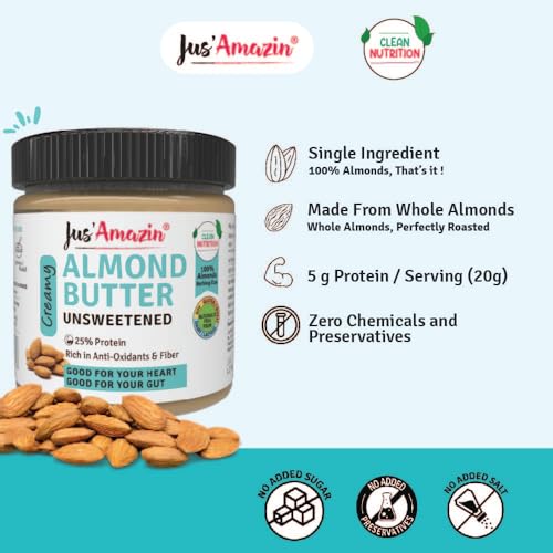 Image of Jus' Amazin Creamy Almond Butter - Unsweetened (200 g) | 25% Protein | Only Pure Whole Almonds | Zero Additives /Chemicals | Plant Based, Dairy Free, Keto | Clean Nutrition, 0% Chemicals.