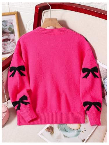 Image of BEAUDRM Girl's Cute Bow Sweater Crew Neck Long Sleeve Drop Shoulder Loose Pullover Tops