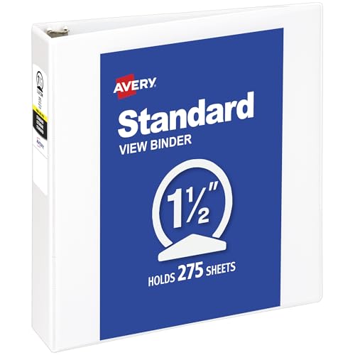 Avery Standard View 3 Ring Binder, 1.5' Round Rings, 275-Sheet Capacity, 2.1 Inch Wide Spine, 1 White Binder, Ideal for Lightweight Organization and Occasional Referencing (05726)