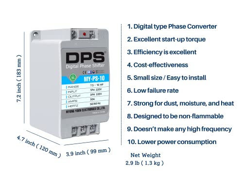 Single Phase To 3 Phase Converter, My-Ps-10 Model, Suitable For 7.5Hp(5.5Kw) 23 Amp 200-240V 3 Phase Motor, Dps Should Be Used For One Motor Only, Input/Output 200V-240V, Digital Type #TOP2
