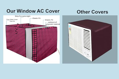 Image of The Furnishing Tree Elastic fit waterproof Polyester window ac cover suitable for Croma 1.5 Ton, Dustproof cover for inner and outer section, In CM: (62.23x66.04x43.18), Checkered Pattern Maroon